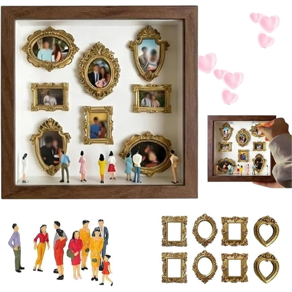 DIY Mini Museum Silhouette Box – Shadow Box Frame Kit with Gold Mini Frames & Figurines, DIY Photo Family Memory Display Case Frame Silhouette Boxs for Anniversary Home Decor (Brown, 1pcs)