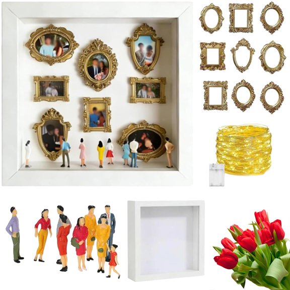 DIY Mini Museum Silhouette Box  Shadow Box Frame Kit with Gold Mini Frames & Figurines, DIY Photo Family Memory Display Case Frame Silhouette Boxs for Anniversary Home Decor (Black)