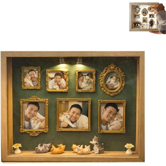 DIY Mini Museum Silhouette Box – Shadow Box Frame Kit with Gold Mini Frames & Figurines, DIY Photo Family Memory Display Case Frame Silhouette Boxs for Anniversary Home Decor (Cat, 1pcs)