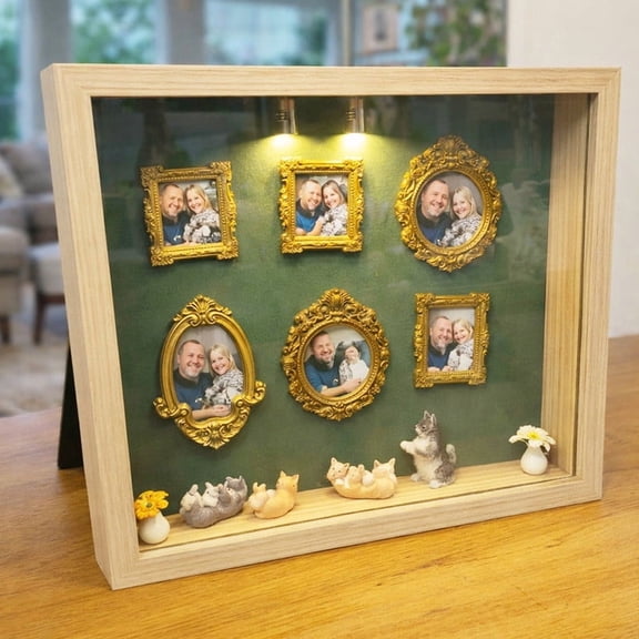 DIY Mini Museum Silhouette Box – Shadow Box Frame Kit with Gold Mini Frames & Figurines, DIY Photo Family Memory Display Case Frame Silhouette Boxs for Anniversary Home Decor (Cat, 1 Set)