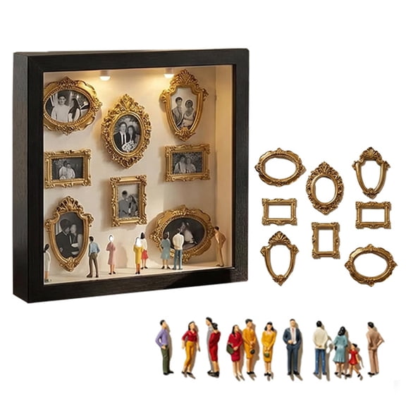 DIY Mini Museum Silhouette Box,Shadow Box Frame Kit with Gold Mini Frames & Figurines,  Personalized DIY Photo Family Memory Display Case Frame Silhouette Box, Personalized Unique Memory Decor(Black)