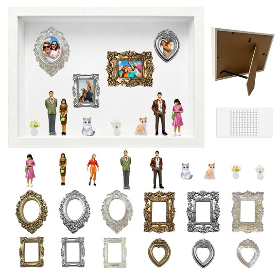 DIY Mini Museum Silhouette Box, Shadow Box Frame Kit with Gold Mini Frames & Figurines, Personalized Memory Display Case for Anniversary Wedding Birthday Valentine's Day Home Decor