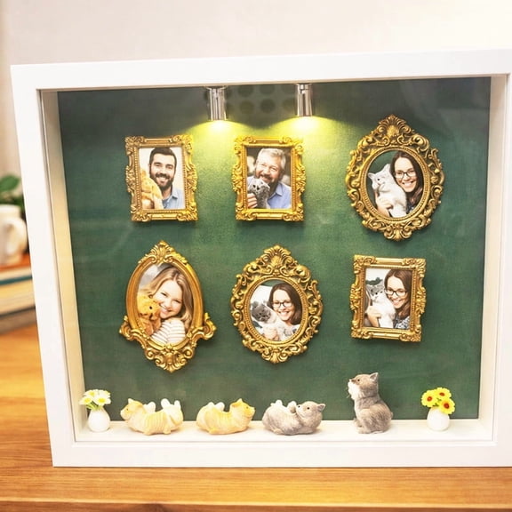 DIY Mini Museum Silhouette Box – Shadow Box Frame Kit with Gold Mini Frames & Figurines,with Lights,DIY Photo Family Memory Display Case Frame Silhouette Boxs for Anniversary Home Decor (Cat, 1 Set)