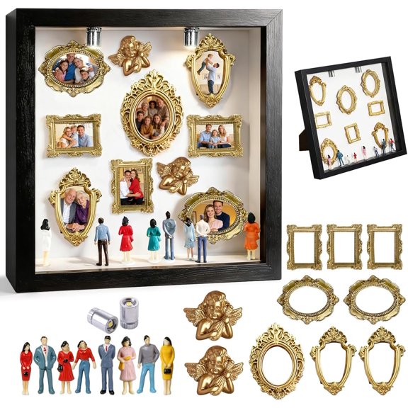 DIY Mini Museum Silhouette Box, Shadow Box Frame Kit with Gold Miniature FramesAngel & Figurines, Custom Photo Family Memory Display Case Frame Set, for Anniversary, Wedding, Birthday & Home Decor