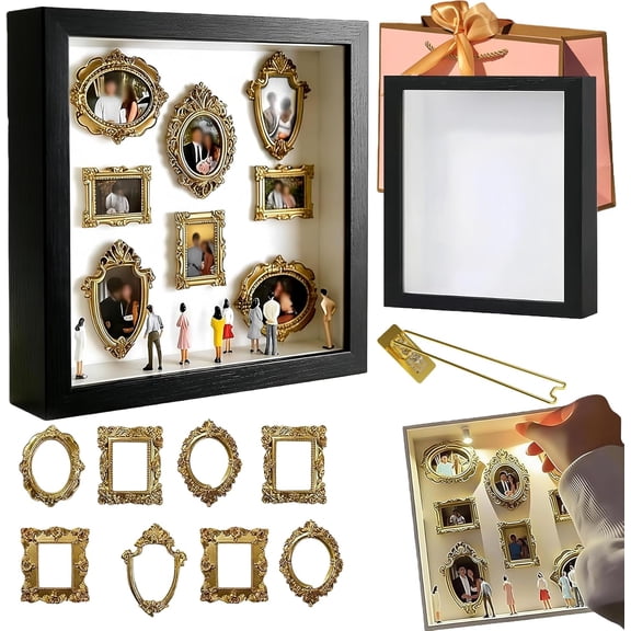 DIY Mini Museum Silhouette Box Shadow Box Frame Kit with Light,Gold Mini Frames,Personalized Photo Memory Display Case for Anniversary,Wedding,Valentine’s Day Home Decor