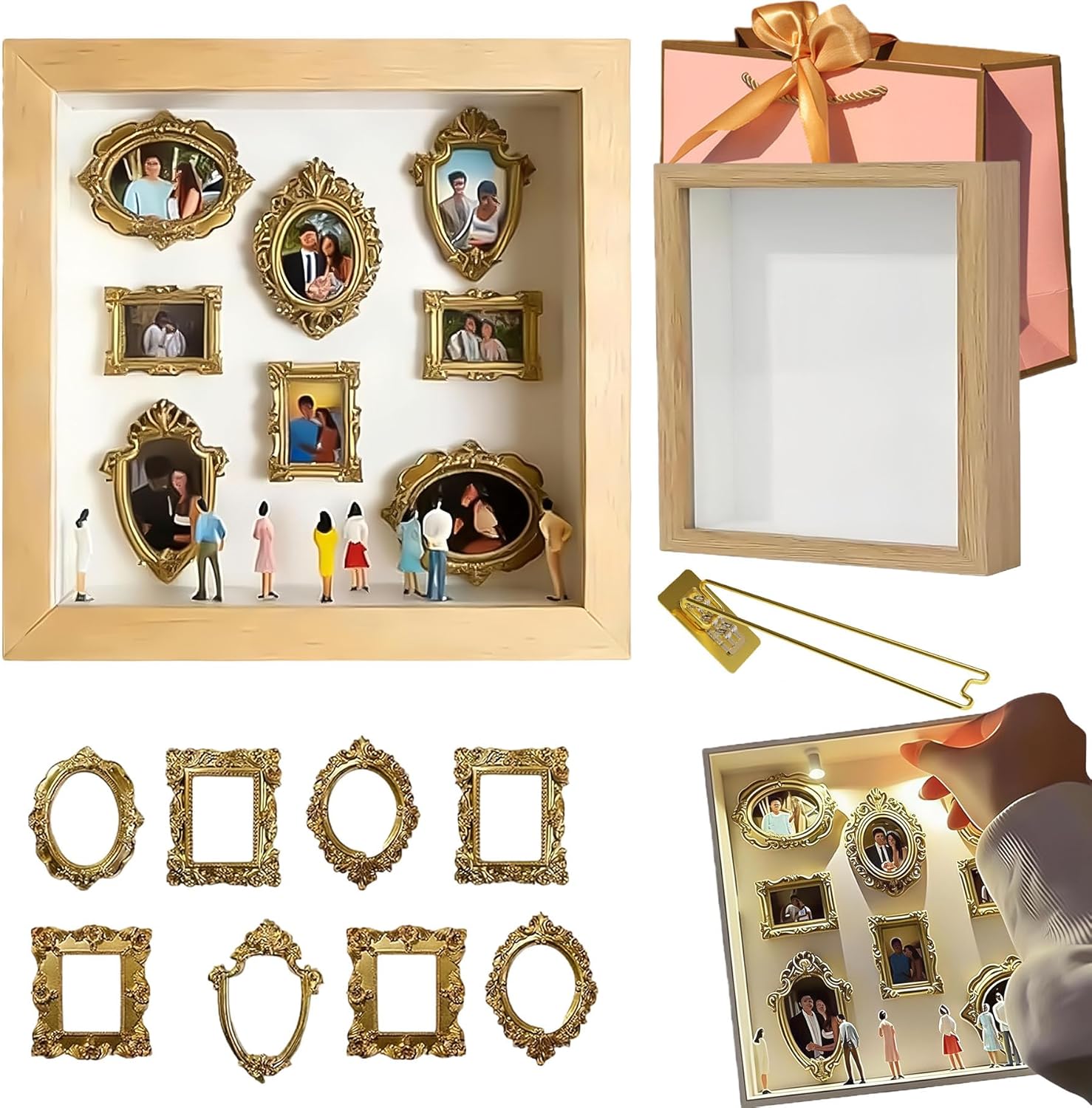 DIY Mini Museum Silhouette Box 25x25cm - Gepersonaliseerde 3D Foto Vitrine Met Gouden Frames & Beeldjes - Houtkleur