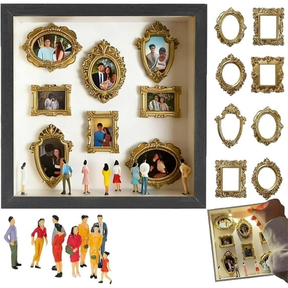 DIY Mini Museum Silhouette Box Shadow Box Frame Kit with Gold Mini Frames & Figurines for Home Decor,Black
