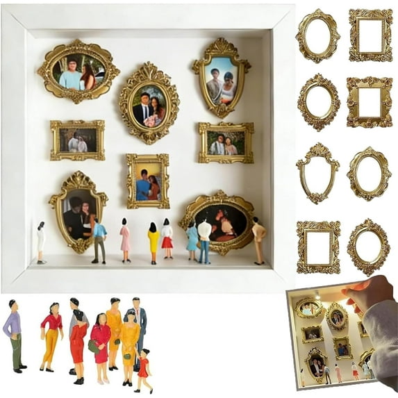 DIY Mini Museum Silhouette Box Shadow Box Frame Kit with Gold Mini Frames & Figurines for Home Decor,White