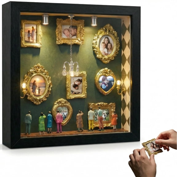 DIY Mini Museum Silhouette Box, Shadow Box Frame Set, Museum of Us Box with 8 Gold Mini Picture Frames & 8 People Figurines for Anniversary and Valentine's Day Gifts, 8.74in (Walnut Wood Color)