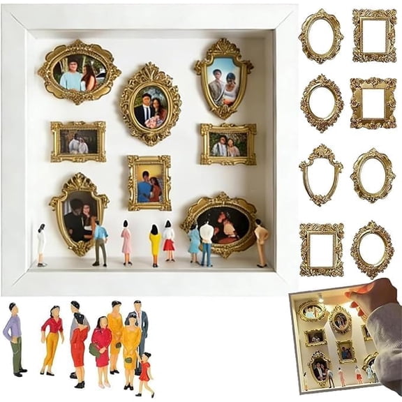 DIY Mini Museum Silhouette Box, Tiny Frame Box with Mini Figurines Gold Frames & Frame, Personalized Photo Family Memory Display Case for Anniversary, Birthday & Home Decor Gift
