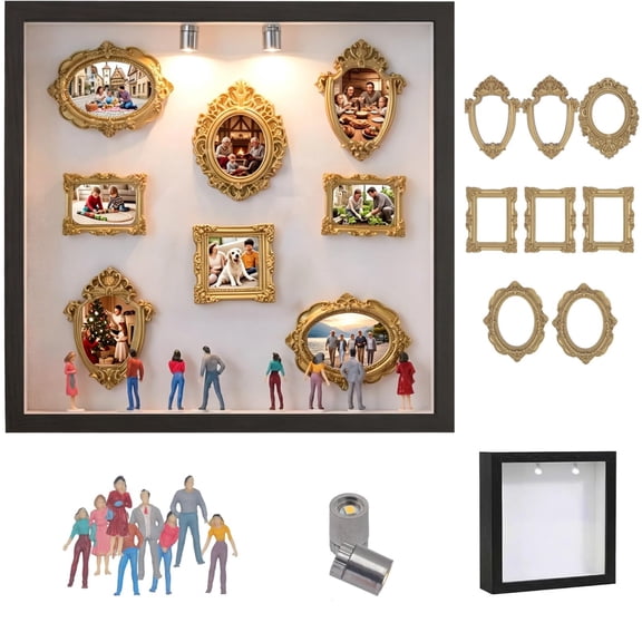 DIY Mini Museum Silhouette Shadow Box Kit, 8 Gold Mini Frames & 8 Figurines, Custom Photo Optional, Personalized Memory Display for Valentine's Day, Anniversary, Wedding, Home Deco(Black)