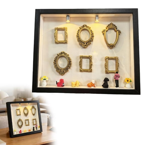 DIY Mini Museum Silhouette Shadow Box, Pet Memorial Keepsake with 6 Mini Gold Frames, 7 Random Mini Statues and LED Light, Vintage Pet Photo Display
