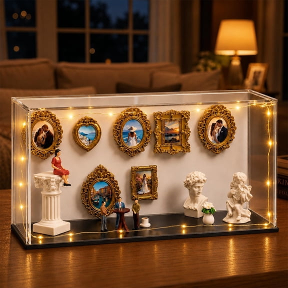 DIY Mini Museum of Us Shadow Box Kit with 9 Mini Gold Frame 6 People Figurine and Light, Personalized Small Museum Silhouette Box Memory Display for Anniversary Wedding Birthday Gift Home Decor