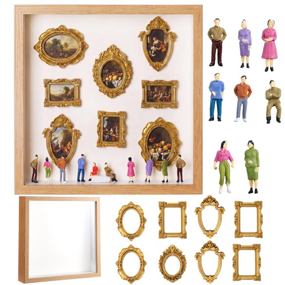 DIY Mini Silhouette Shadow Box Museum Frame Kit with 8 Gold Mini Frames 9.7 x 9.7 Inch and 9 Figurines, Personalized Memory Collage for Pictures Crafts Home Decor(White)