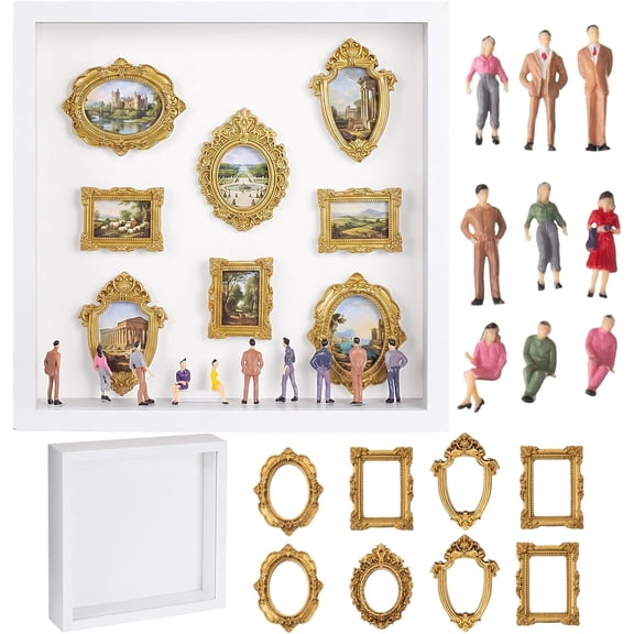 DIY Mini Silhouette Shadow Box Museum Frame Kit, White Memory Collage Frame with 8 Gold Mini Frames and 9 Figurines for Anniversary, Wedding, Birthday and Home Decor