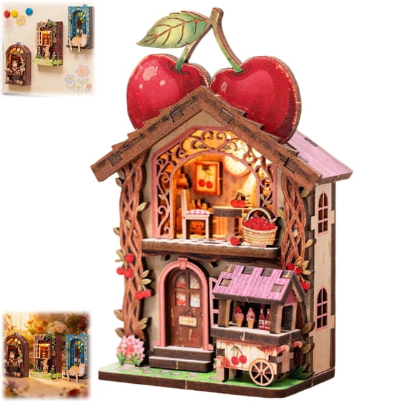 DIY Mini Wooden House Refrigerator Magnets, 3D Book Nook Craft Kit 1set with LED Light, Magnetic Back Miniature Scene Decor for Fridge Desk Office,cat