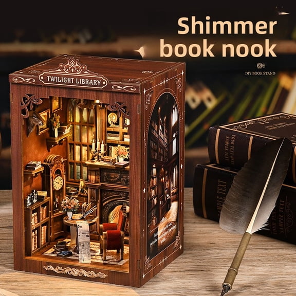 DIY Miniature Book Nook - Midnight Wisdom Library 3D Wood Puzzle, Retro Bookshelf Insert Diorama with Integrated LED, Educational Craft Kit Gift for Bibliophiles and Collectors