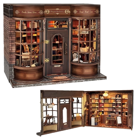DIY Miniature Bookstore Kit, Vintage Magic Hogs Bookshop with LED Lights & Furniture, Mini House for Adults & Teens, Handmade Wooden Book Nook Decor Gift for Readers & Collectors