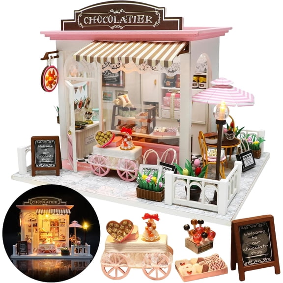 DIY Miniature Chocolate Shop Dollhouse Kit with LED Light, Wooden Building Model for Adults