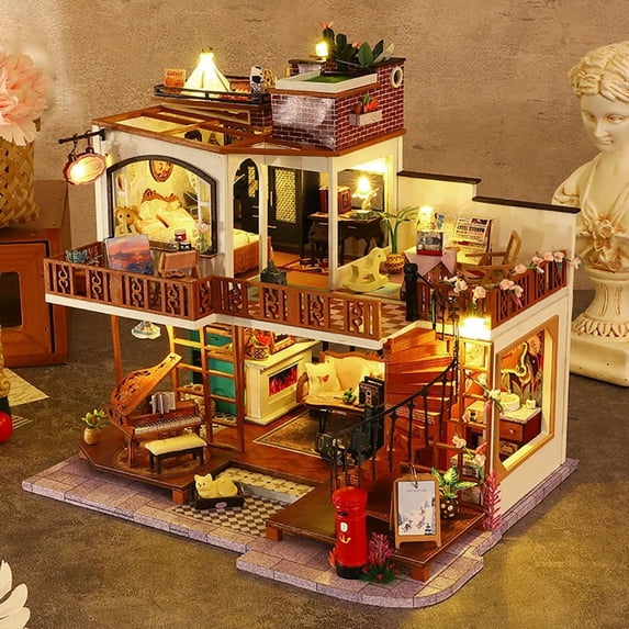 DIY Miniature Dollhouse Kit, 3D Wooden Villa Model with LED Lights, Adult Craft Gift