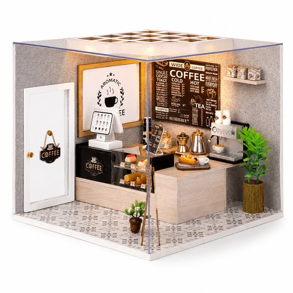 DIY Miniature Dollhouse Kit with Furniture, MOJINO 1:24 Scale Creative Room Mini Wooden Doll House Accessories Plus for Teens Adults,Christmas/Birthday Gift(Coffee Shop)