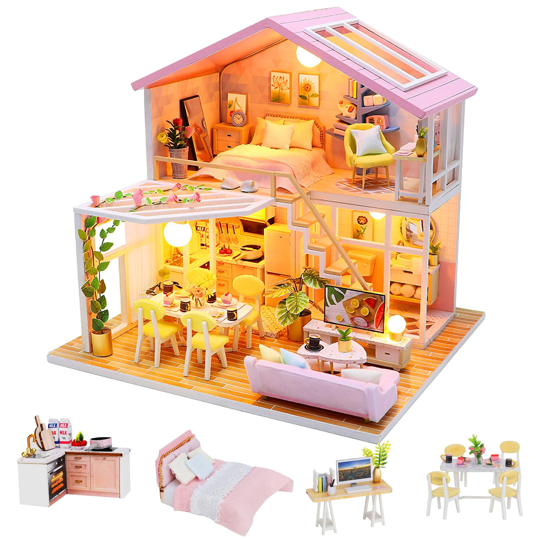 DIY Miniature Dollhouse Kit For Adults - Flower House Building Set With LED Lights - Craft Hobby, Christmas Decor, Birthday Gift