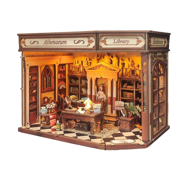 DIY Miniature Dollhouse Library Booknook Kit, Wooden Model Building Set with LED Decor