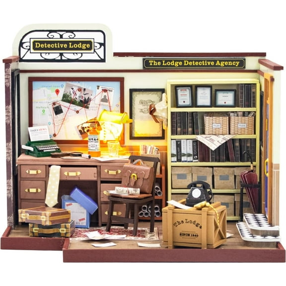 DIY Miniature Dollhouse Set with Wooden Furniture and LED DIY Dollhouse Set, Crafts, Birthday, Christmas and Valentine's Day Gifts-Lodge Detective Agency