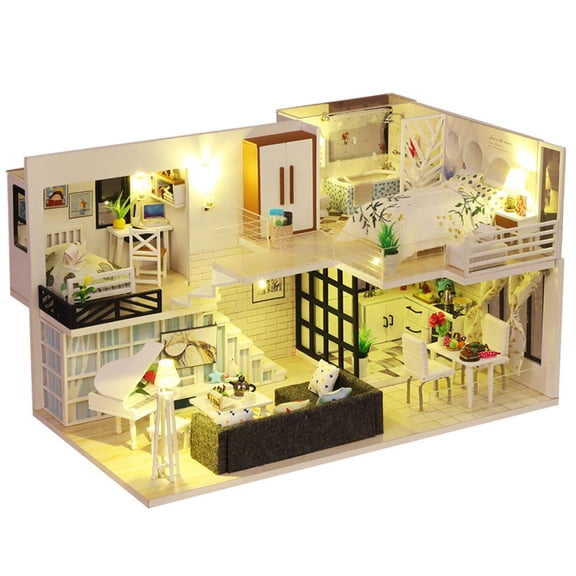 JoyMelo DIY Miniature House Building Kit Wooden Assembly Tiny House with Double Layer Loft and Light,Home Decoration and Gifts for 14+ Teens Adults