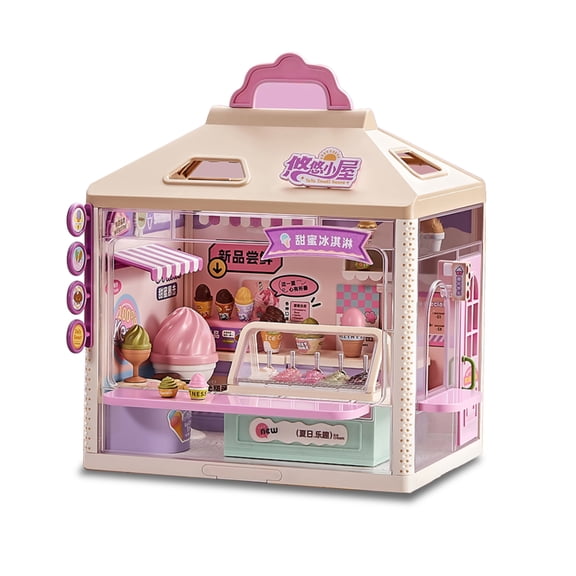 DIY Miniature House Building Kit with LED Light, Mini Commercial Street Dollhouse, Ice Cream Shop, Stackable Desktop Decor Gift, 7.5 × 5.5 × 5.9 In