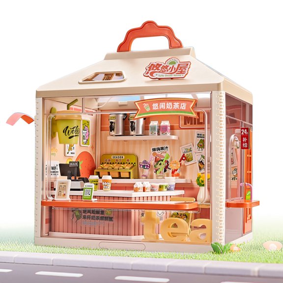 DIY Miniature House Building Kit with LED Light, Mini Commercial Street Dollhouse, Milk Tea Shop, Stackable Desktop Decor Gift, 7.5 × 5.5 × 5.9 In