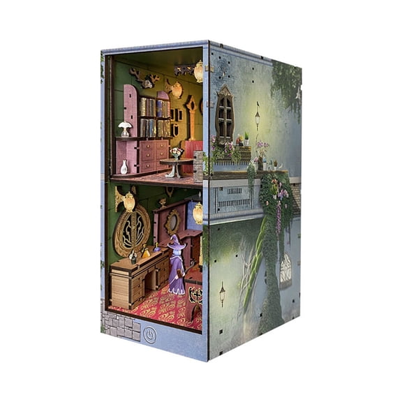 DIY Miniature House Kit, 3D Puzzle Magic Potion House Bookend Kit with LED Light, Wooden Dollhouse Model Creative Shelf Decor