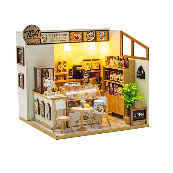 DIY Miniature House Kit, 3D Wooden Puzzle Bubble Tea House Kit, DIY Dollhouse Model with NFC Story & LED Light, Creative Desk Decor for Family and Friends (with Cover)