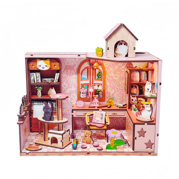 DIY Miniature House Kit, 3D Wooden Puzzle Cat House with LED Lights, Bookshelf Decor Craft Dollhouse Kit for Adults, Teens, Gift Idea, Pink