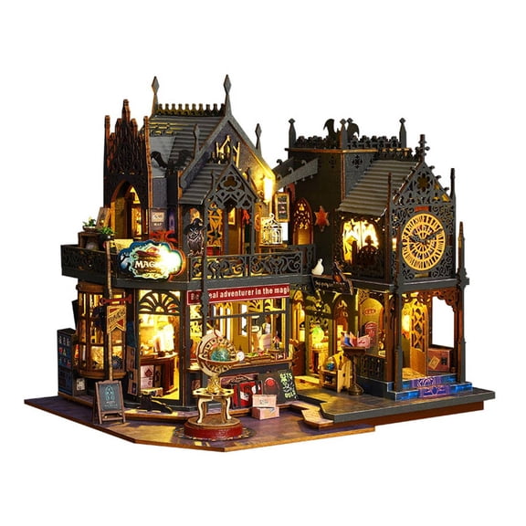 DIY Miniature House Kit, 3D Wooden Puzzle Halloween Castle Model Kit, DIY Magic Journey Miniature House with LED Light & Dust Cover, Handcrafted Halloween Gift for Adults and Teens