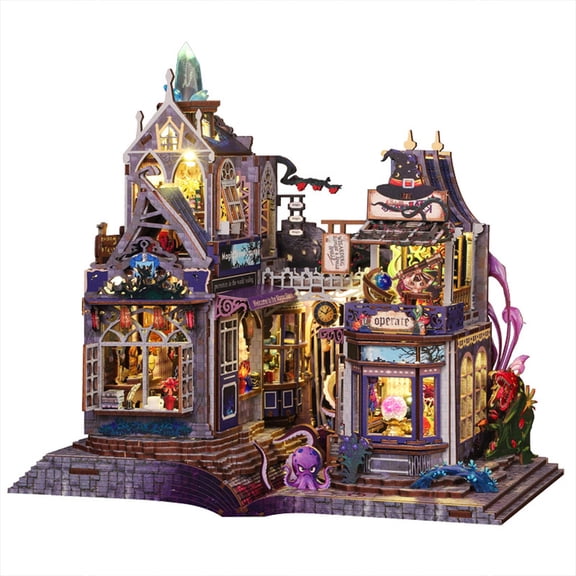 DIY Miniature House Kit, 3D Wooden Puzzle Magic Castle Street Scene Model Kit with Touch Light, Handcrafted Miniature Fairy Tale House for Adults