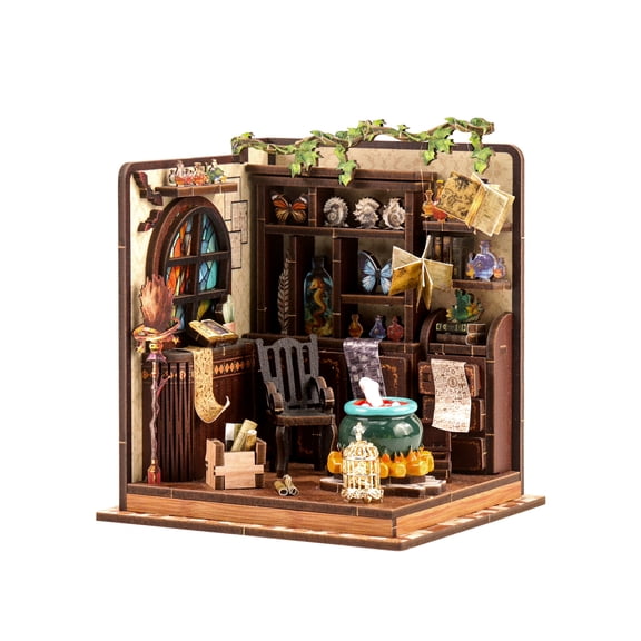 DIY Miniature House Kit, 3D Wooden Puzzle Magic Potion Workshop Model Kit, Fantasy Lab with Spell Books & Stained Glass, Handcrafted Desk Decor and Creative Gifts