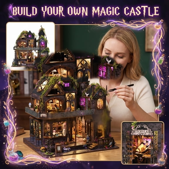 DIY Miniature House Kit for Adults, Gothic Magic Castle Witch Shop Dollhouse, 3D Wooden Puzzle Diorama with TouchActivated LED Lights and Music Box, Ideal Holiday & Birthday Gift