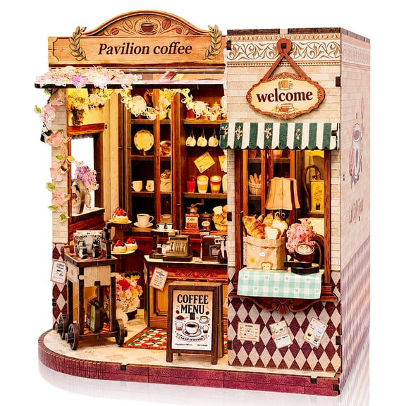 DIY Miniature House Kit Coffee Shop with LED Light, Book Nook Style Caf Scene, 3D Wooden Puzzle Dollhouse Display for Adults