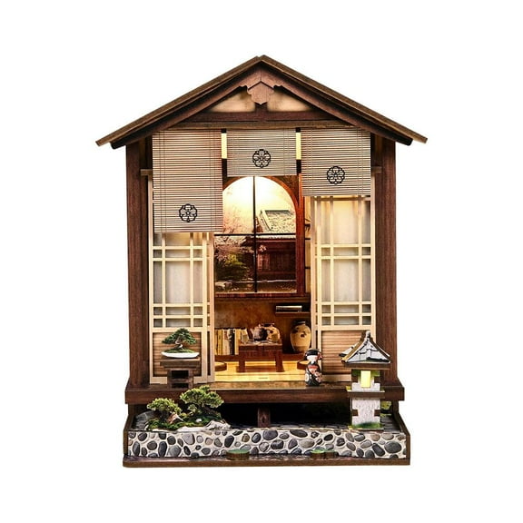 DIY Miniature House Kit, Japanese Garden Book Nook 3D Puzzle for Adults, Fiberboard Craft Building Set with LED, Creative Gift for Family and Friends