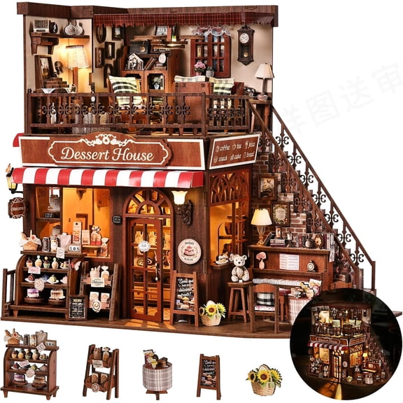 DIY Miniature House Kit with LED Lights  Fantastic Corner Dessert Shop Dollhouse for Adults  Two-Story Vintage Cafe Model  Prefab Tiny Home Gift for Birthday Christmas