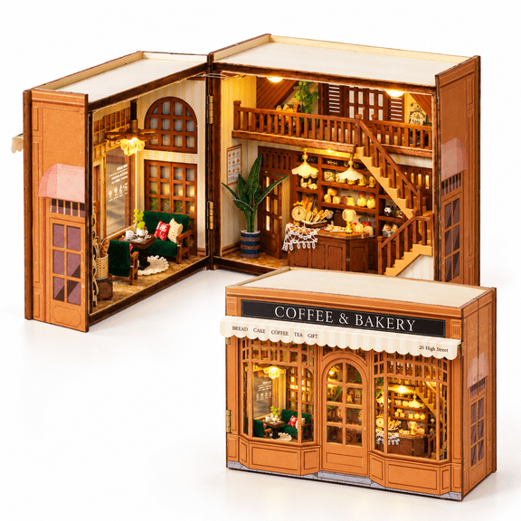 MOJINO BOOK NOOK KIT, DIY Miniature House Kit for Adults, Bagel Time Wooden Coffee & Bakery Kit with Furniture, Bookshelf Decor, Christmas & Birthday Gift