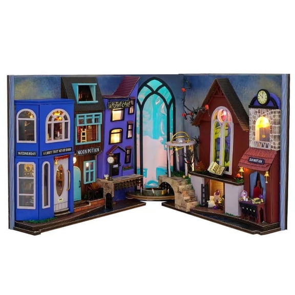 DIY Miniature House Kit,Magic Cabin House 3D Wooden Puzzles Dollhouse Bookshelf Insert Decor Alley,Miniature Dollhouse Bookends Model Build-Creativity Kit with LED Light