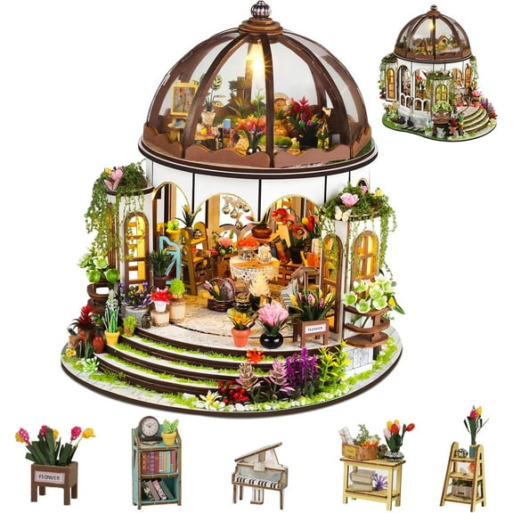 DIY Miniature House Kit,Mini Green Garden House Building Kit with Furnitures & LED,Tiny House Dollhouse Kit for Adults Teens Hobby,3D Wood Arts Crafts Model Kit,Plant Lover Home Decor Birthday Gifts
