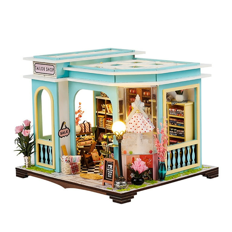 DIY Miniature House Kit Mini Tailor Shop Dollhouse Making Kit With Furnitures LED Tiny For Adults Teens To Build 3D Wooden Crafts Model Home Decor