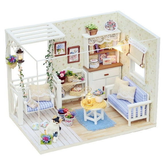 DIY Miniature House Kit, Tiny House Kit for Teens Adults, Mini Wooden House Making Set with Furniture LED Light Cat, Christmas Decorations Gifts for Family and Friends Room Hobby Craft