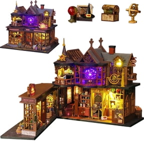 Plustopoy Magic Treasure House DIY Miniature House Kit Wooden Dollhouse with Openable Door LED Light Creative Craft for Adults Teens Home Bookshelf Decor
