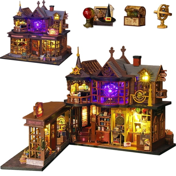 Plustopoy Magic Treasure House DIY Miniature House Kit Wooden Dollhouse with Openable Door LED Light Creative Craft for Adults Teens Home Bookshelf Decor