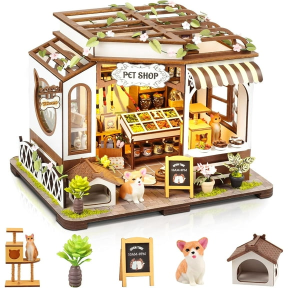 DIY Miniature House Kit,Tiny House Pet Shop with Furniture & LED,DIY Dollhouse Miniature Kit for Adults Teen,Mini House Building kit,3D Wooden Craft Mini Model Kit,Birthday Gifts Home Decor