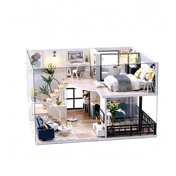 DIY Miniature House Kit, Two-Story Loft Cabin 3D Wooden Puzzle with LED Light, Music Box & Glass Dust Cover, Model Building Set for Office Home Desk Bookshelf Decoration (Relaxing Moments)